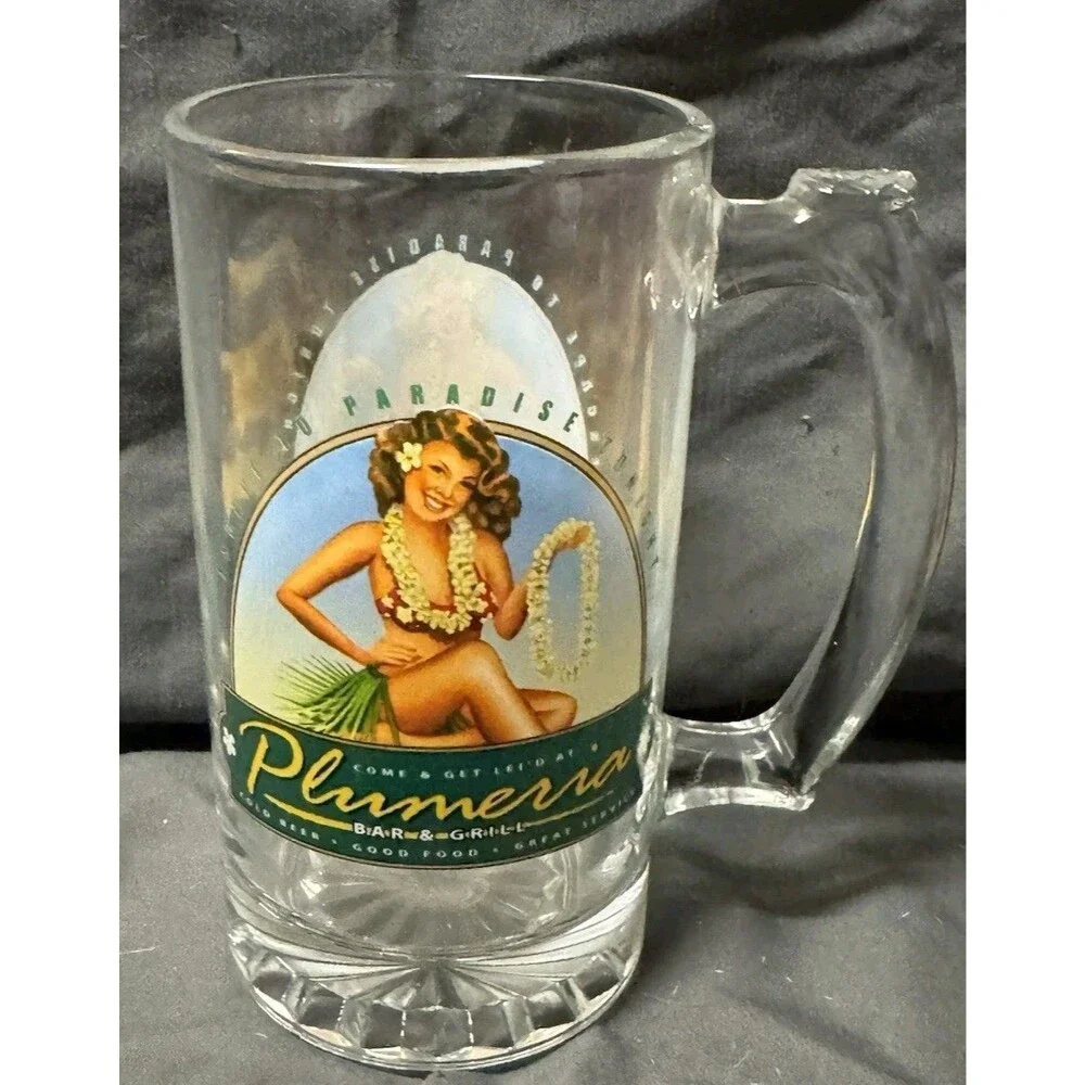 Come Get Lei'd At The Plumeria Bar And Grill Beer Mug Glass Hula Girl Tiki